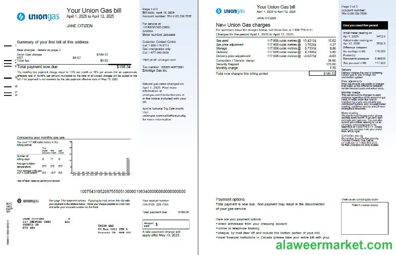 Canada Union Gas utility bill template in Word and PDF formats, 2 pages, version 2